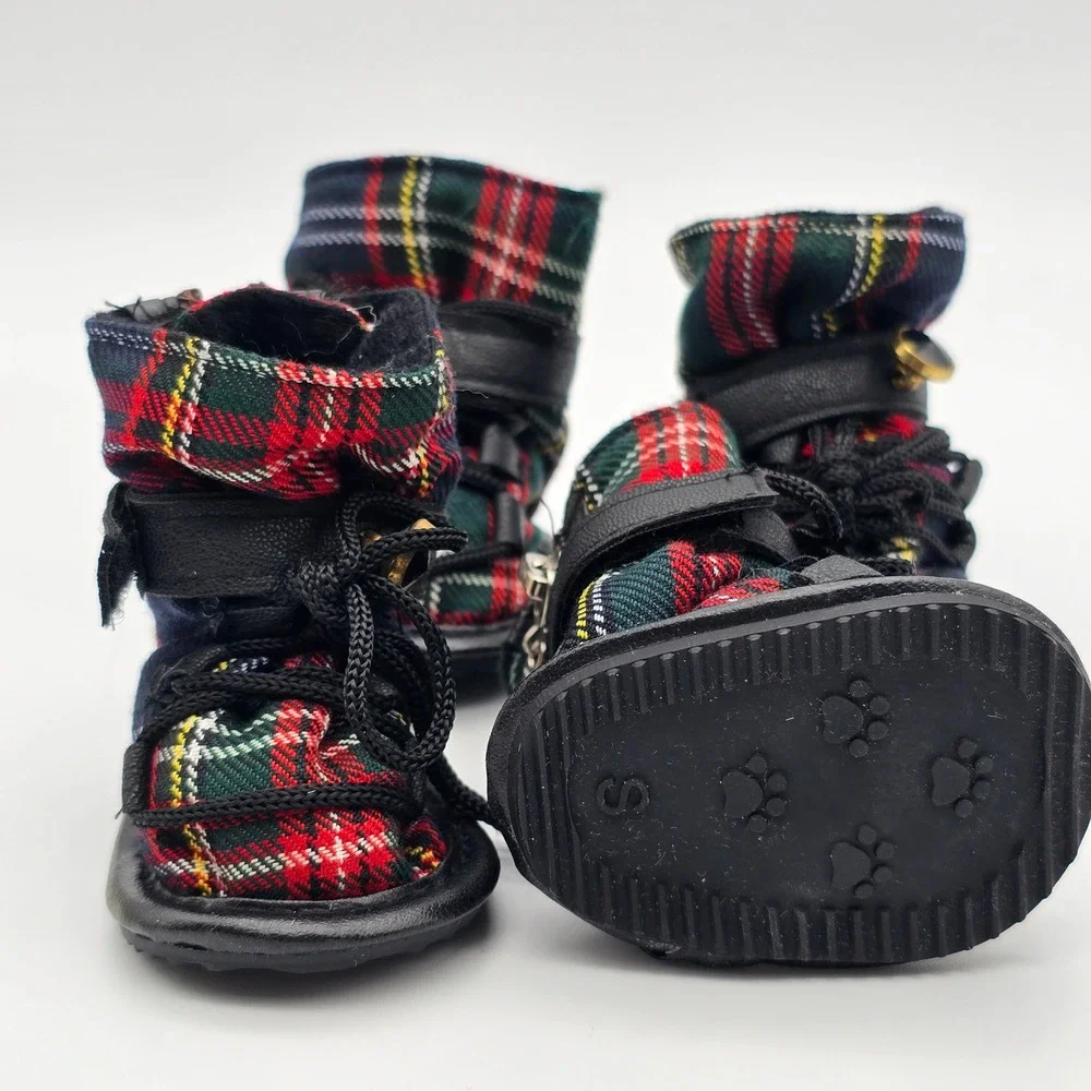 Plaid Dog Boots Small Red Green Tartan Zipper Adjustable Strap Set of 4